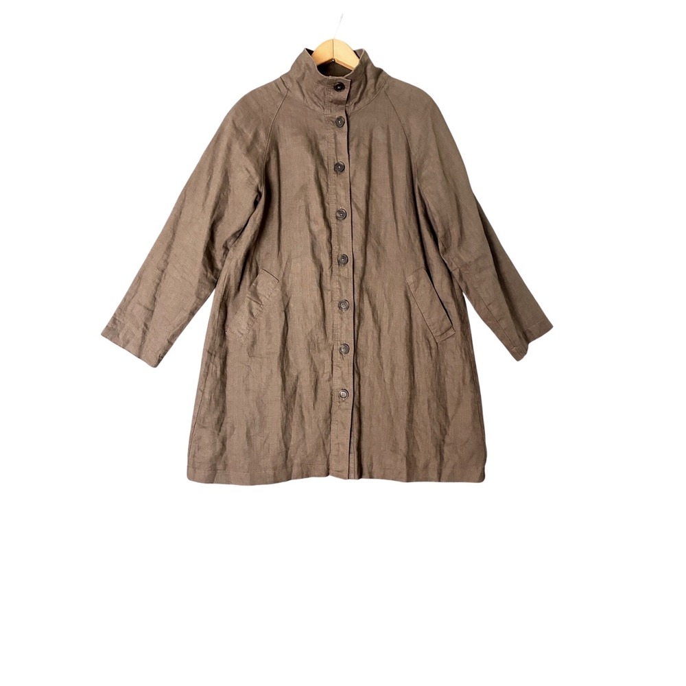 Garnet Hill Brown 100% Linen Brown Button Front Duster Coat Jacket 6 Funnel Neck